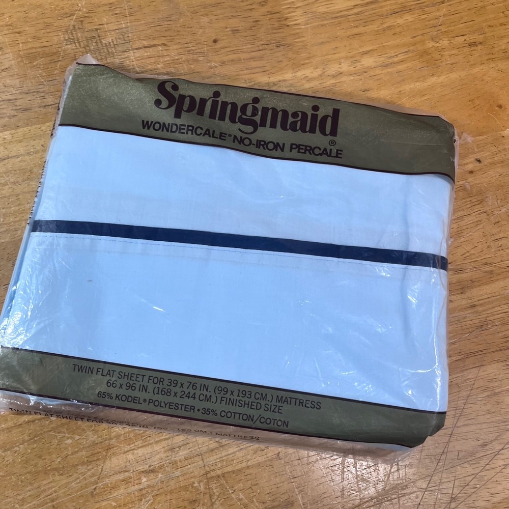 Springmaid Twin Flat Sheet Vtg Light Blue Navy Wondercale No-Iron Percale NEW